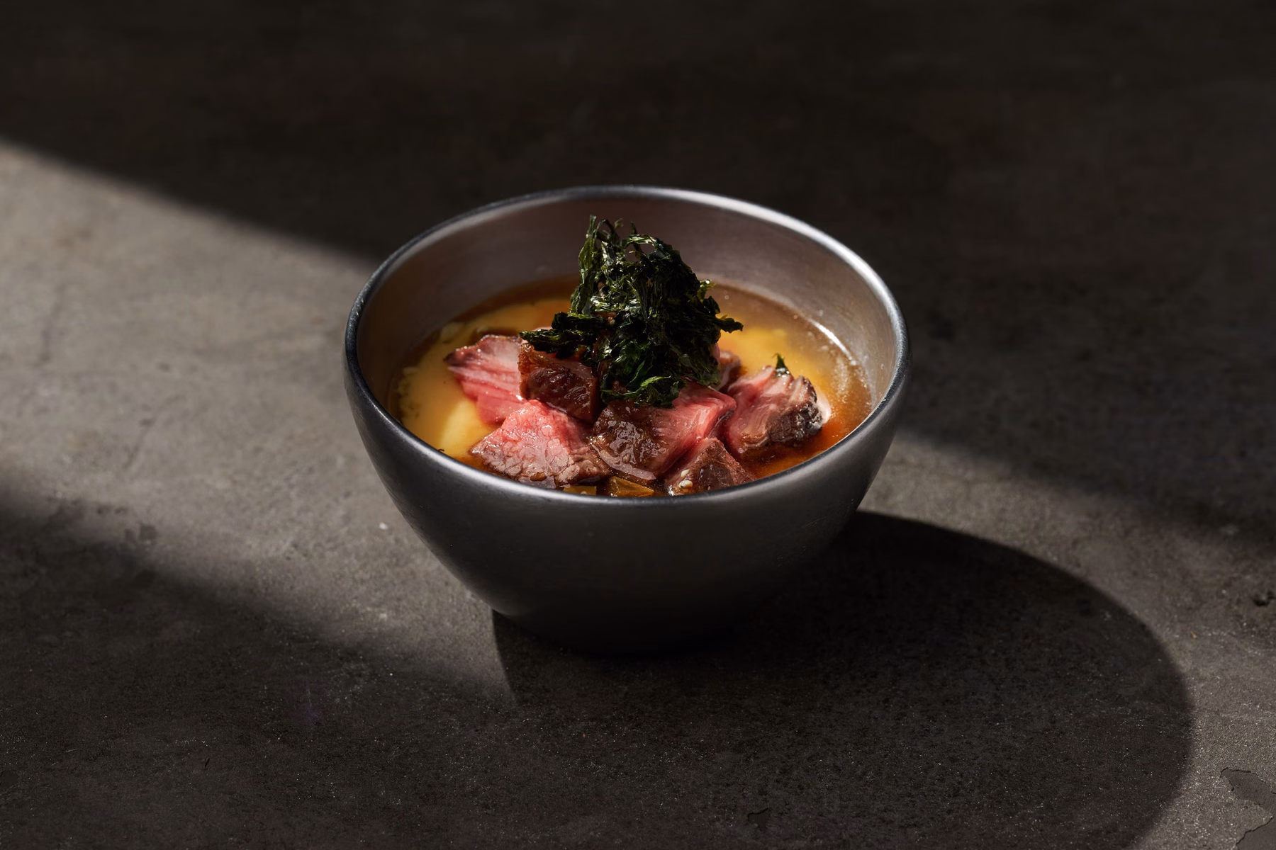 "Hiyori chawanmushi" pairs smooth steamed egg custard with wagyu.