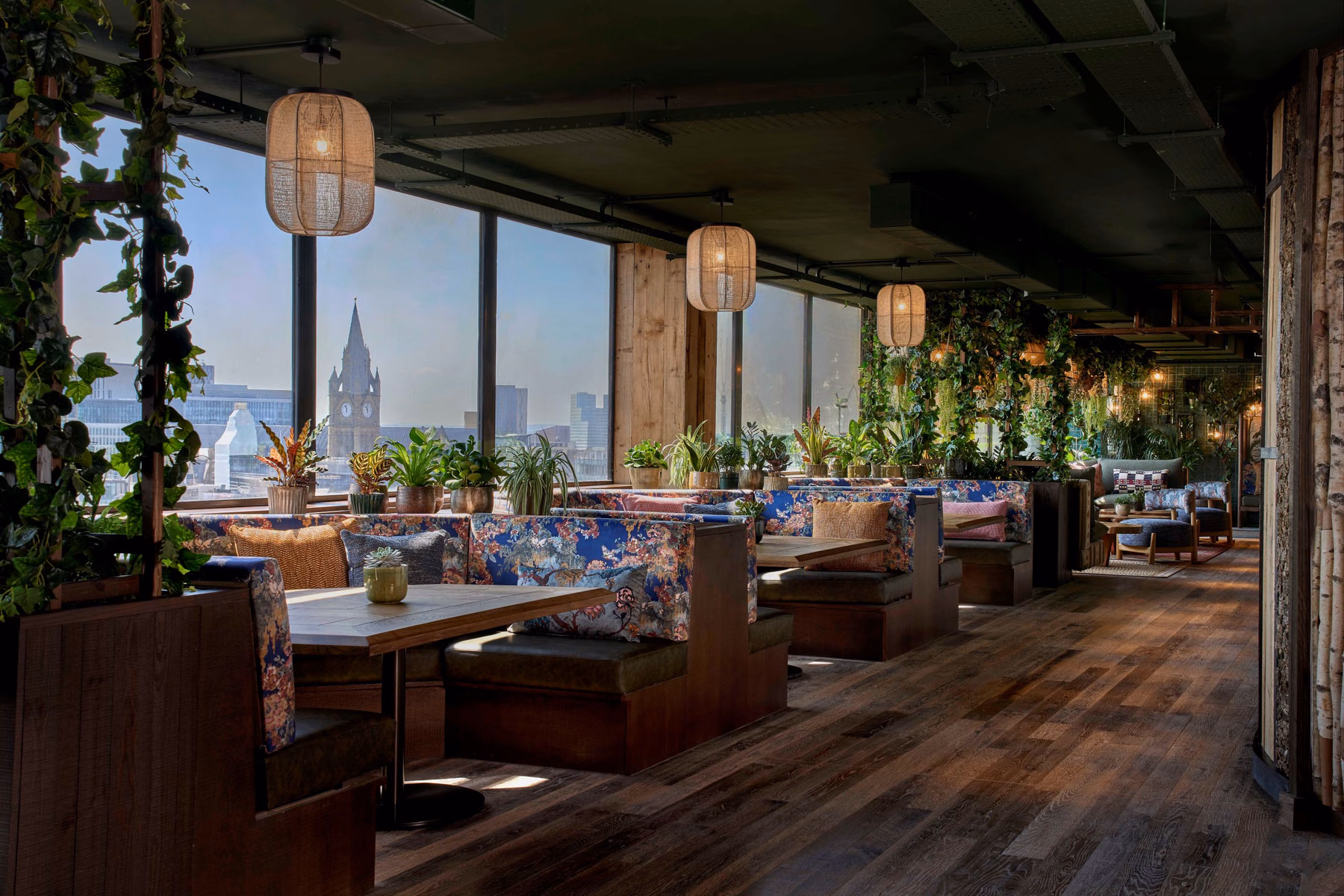 Sister Moon restaurant presents a dining space overlooking the city, with warm timber, trailing greenery, and window-side seating. Photo / Supplied by Treehouse Hotels