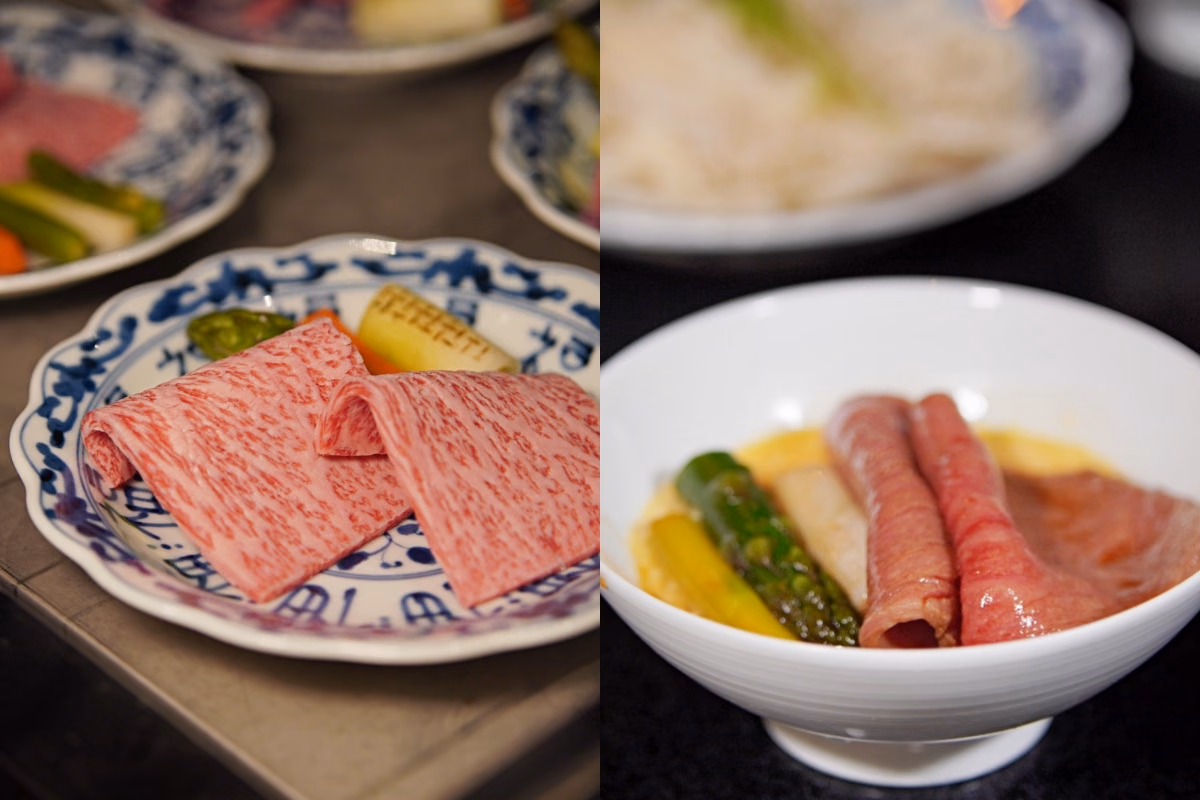 厚切りの肉とすき焼きの調理、セットメニューのメインコースの段落を表現する。