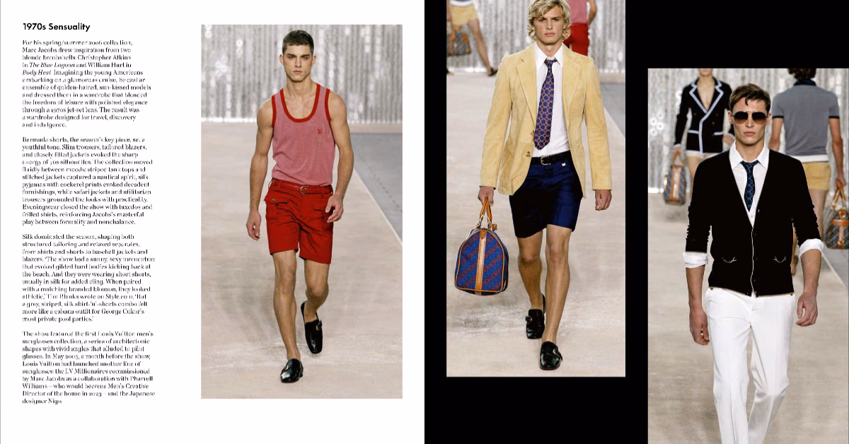 『Louis Vuitton Menswear CATWALK』의 내지, 텍스트와 런웨이 룩을 나란히 배치했다.