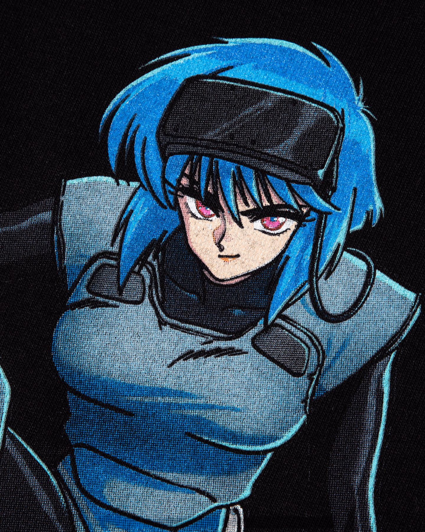Close-up of the blue-haired character print