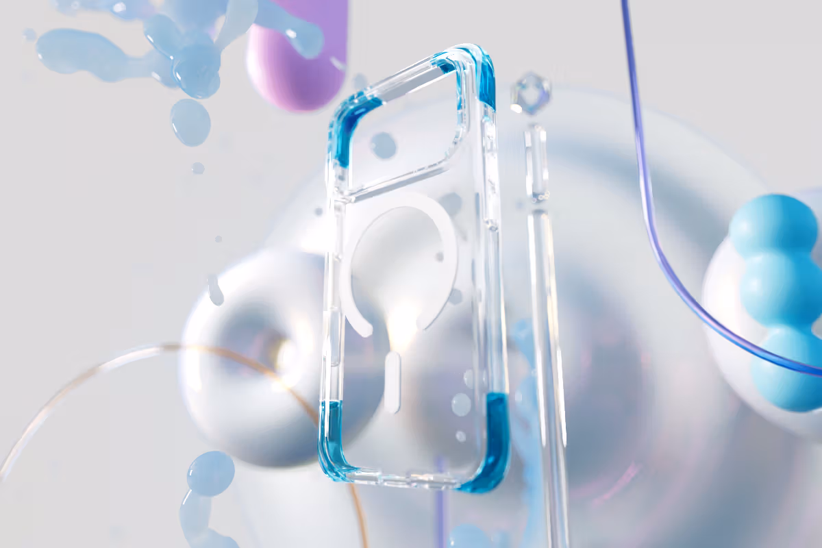 Blue-corner clear phone case tilted against a pearlescent decorative background