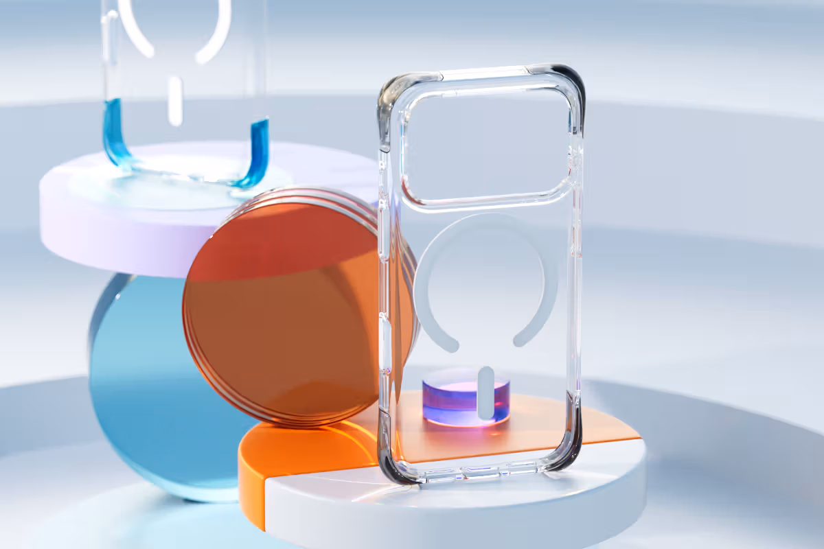 Grey-corner clear case standing on a platform with a blue-corner case behind it