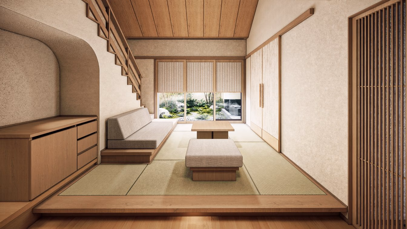 Pre-opening KAI Ureshino room rendering with timber, tatami and a garden view
