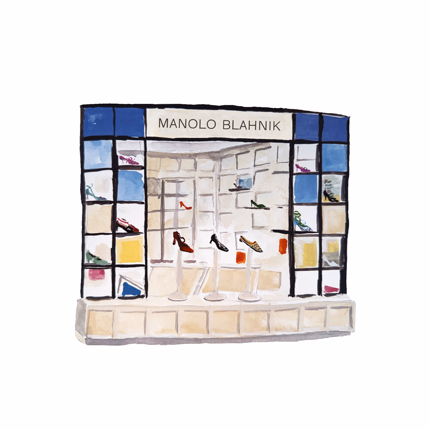 ภาพวาดหน้าต่างร้าน Manolo Blahnik ของแบรนด์