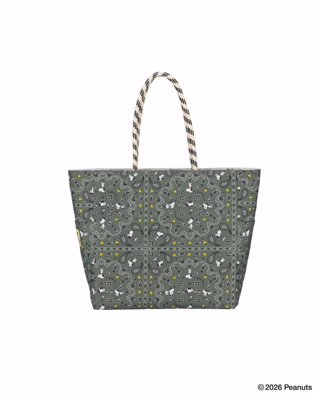 Khaki paisley side of the reversible tote with scattered Snoopy and Woodstock motifs