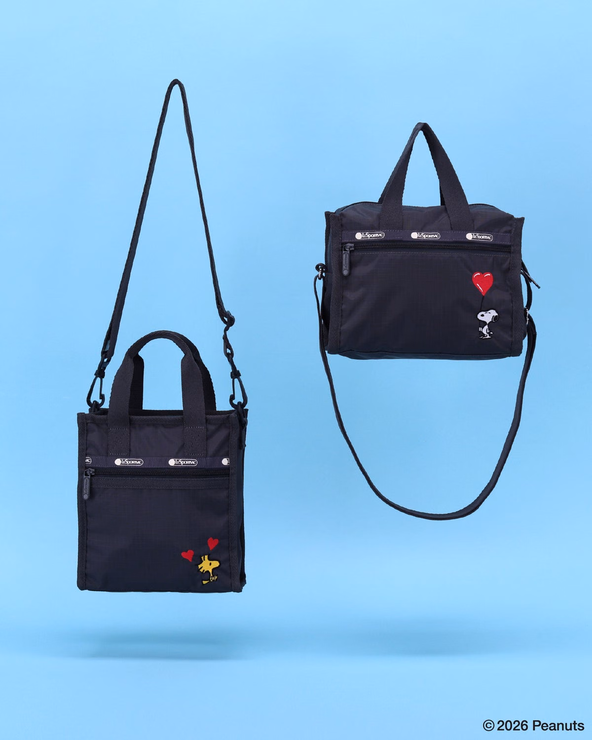 Dark mini tote and crossbody with Woodstock-heart and Snoopy-balloon embroidery