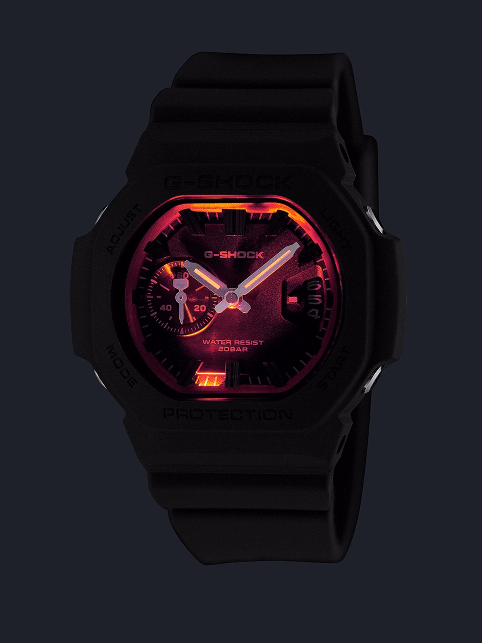 แสงสีแดงบนหน้าปัด GAC-2500 สีดำในฉากมืด